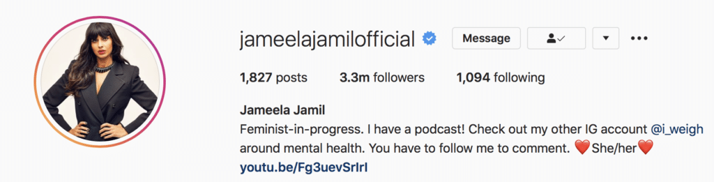 Jameela Jamil specifies her gender pronouns on Instagram. An example of how social movements are changing language in 2020.