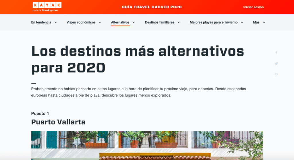 Work sample of an article written by VeraContent in Spanish for Kayak, on the top alternative travel destinations in 2020