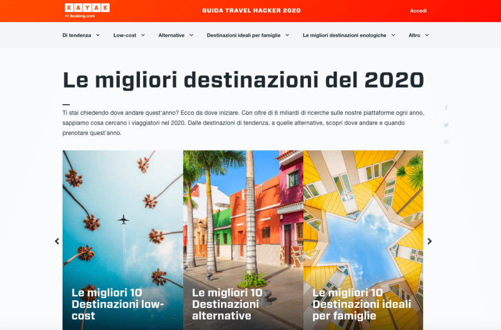 Work sample that VeraContent wrote for the travel guide written in Italian for KAYAK, an international travel agency and metasearch engine, on the top destinations in 2020.