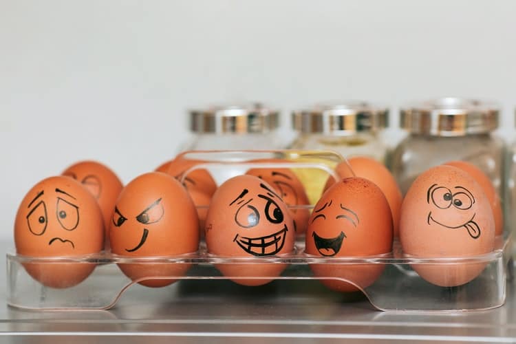 eggs with different facial expressions written in pen