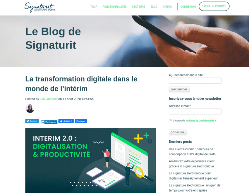 Work sample of a French blog post that VeraContent wrote for Signaturit, a company that provides e-signature solutions, on the digital transformation of temporary work agencies.