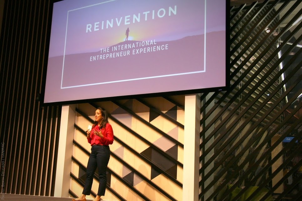 VeraContent CEO Shaheen Samavati giving a speech at the Reinvention conference at Google Campus in Madrid in February 2020