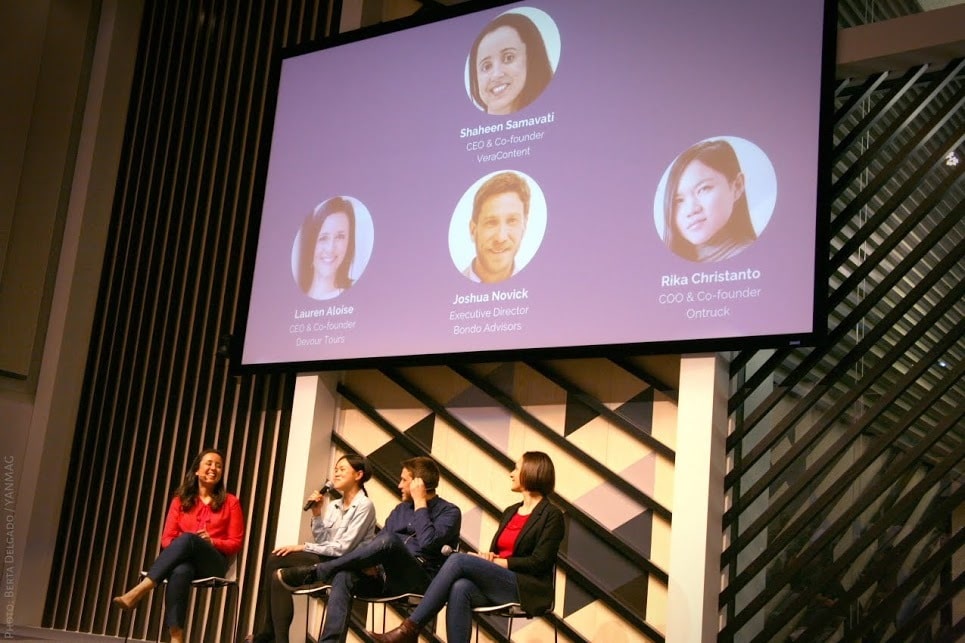 VeraContent CEO Shaheen Samavati giving a speech at the Reinvention conference at Google Campus in Madrid in February 2020