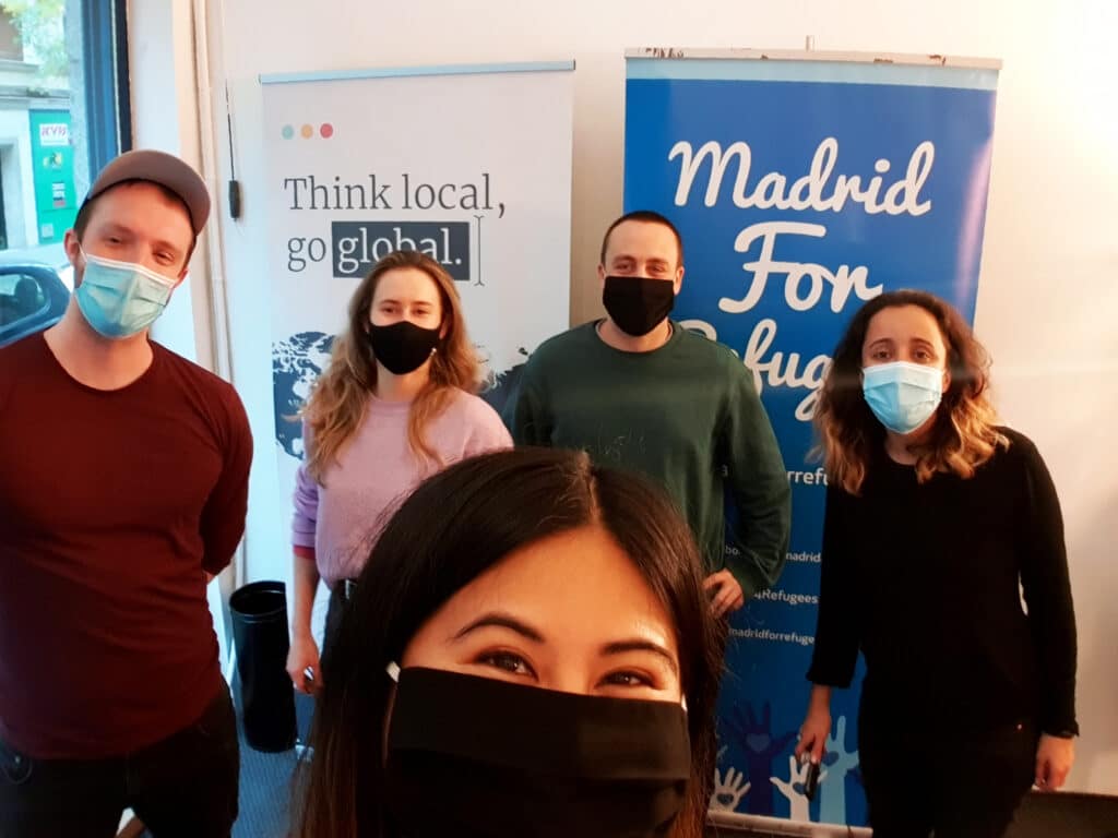 Pictured here are Madrid For Refugee leaders Christina Samson (middle) and  Ivan Villanueva (left); along with VeraContent co-founders Daphne Binioris, James Leahu and Shaheen Samavati  (left-right)