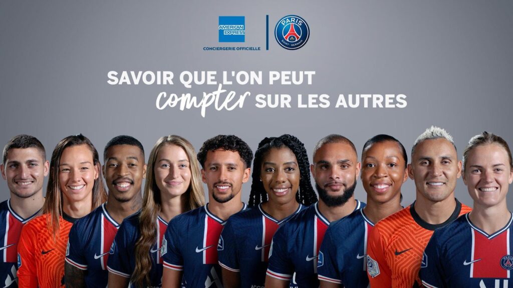 Example of gender inclusivity in French being promoted in a marketing advertisement: in November 2020, American Express and Paris Saint-Germain Football Club created a campaign featuring both male and female players.