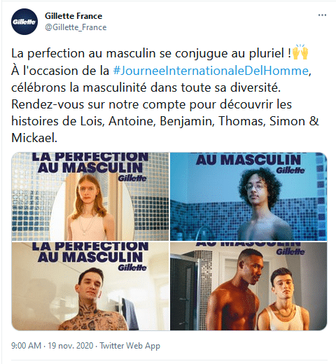 Screenshot of Gillette France post on Instagram promoting gender inclusivity