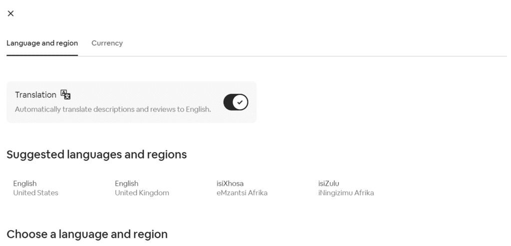 Airbnb language options and suggestions