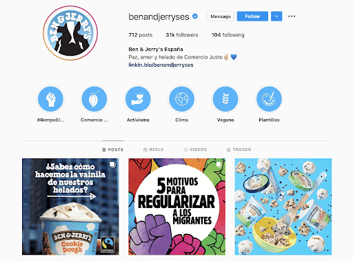 Ben & Jerry's Spain Instagram account shown as an example of their international social media strategy