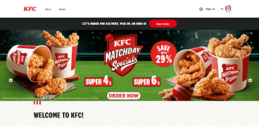 The KFC India home page includes an image of a cricket ball for their matchday special as part of their international marketing strategy