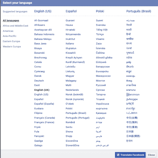 A list of available languages on Facebook