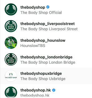 Examples of the localized Instagram profiles for The Body Shop