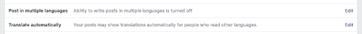 Where to select to post in multiple languages on Facebook