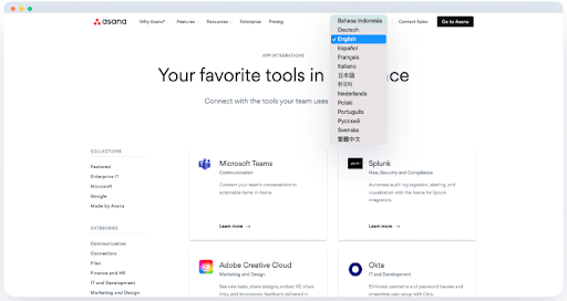 The different language options available on Asana's website