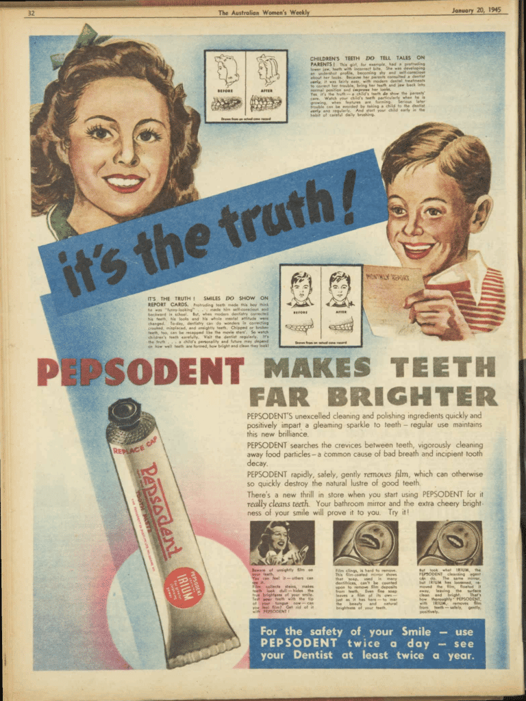 Pepsodent ad that claims it will make your teeth brighter