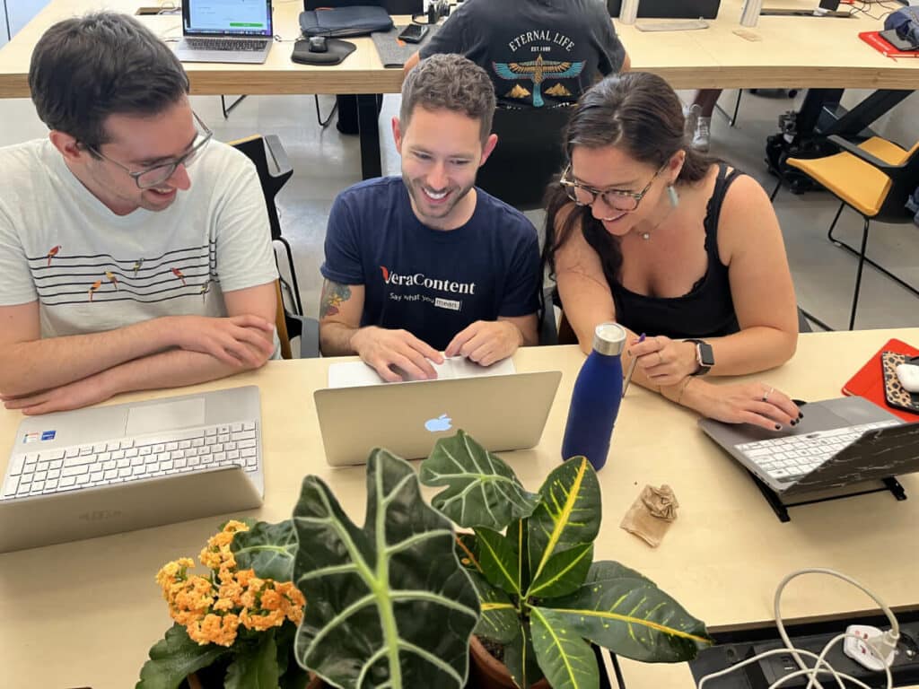 Transcreation company employees working together on laptop