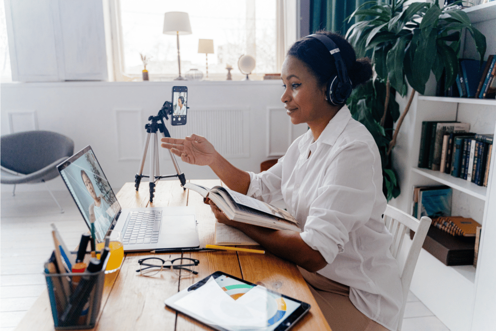 Woman working on the translation of marketing content over a video call with colleague