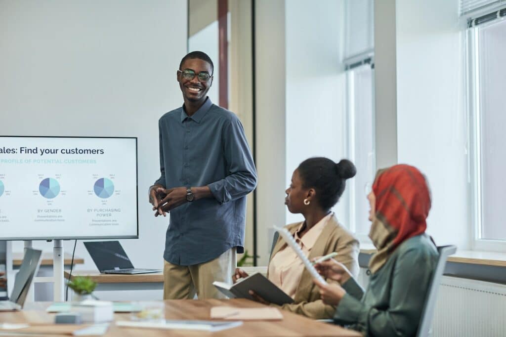 A marketing team discussing ways to improve multilingual SEO to help find customers