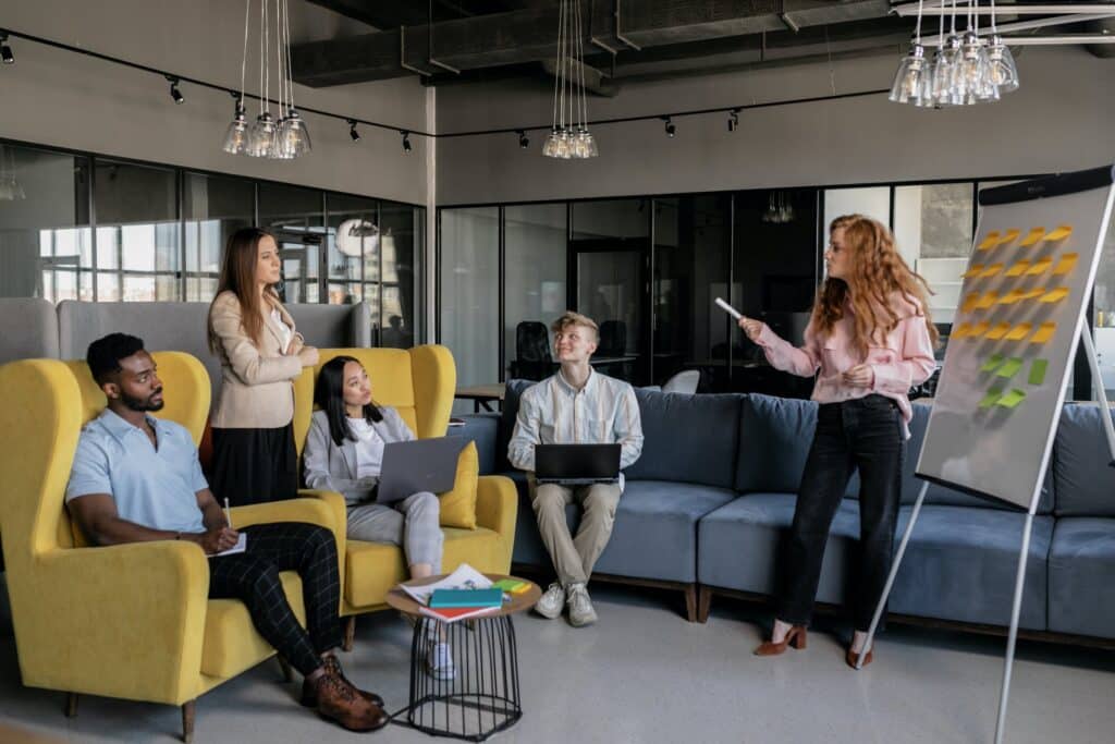 a multilingual marketing team discussing their goals