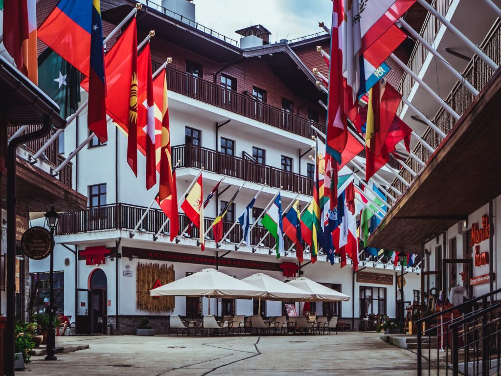 a street with dozens of flags from different countries