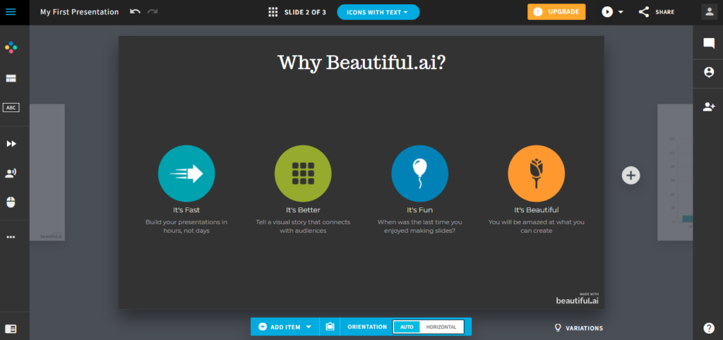 A basic example of what it looks like creating a presentation with Beautiful.ai