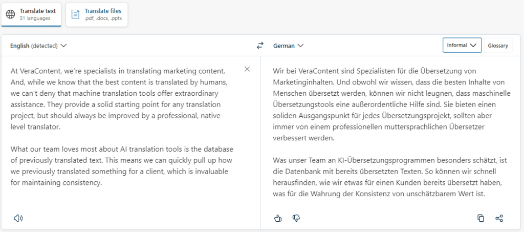 An example of translating the below paragraphs from English into German using DeepL