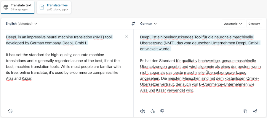 An example of machine translation tool, DeepL translating the below text from English into German