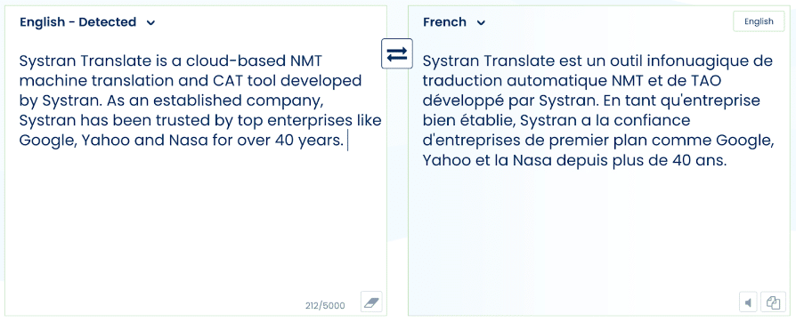 An example of Systran translate translating the below text into French.