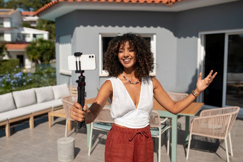 Local creator holding a cellphone recording a local TikTok video