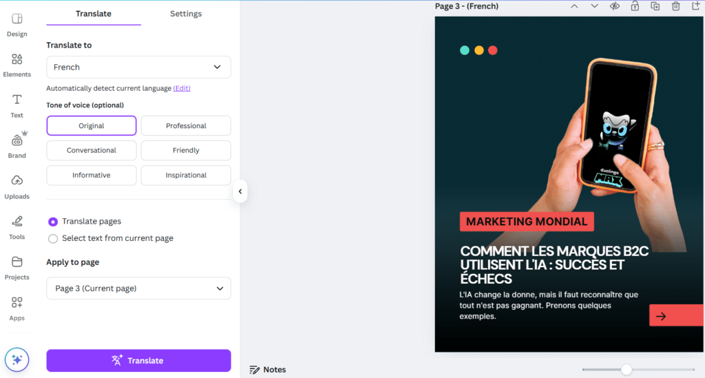 Screengrab using Canva's translation tool to translate graphics for social media