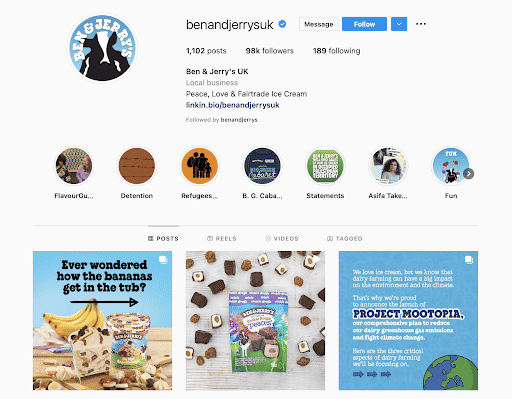Ben & Jerry's UK Instagram account shown as an example of their international social media strategy
