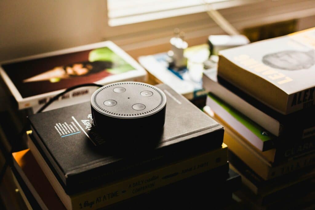 A multilingual voice search device on a pile of books