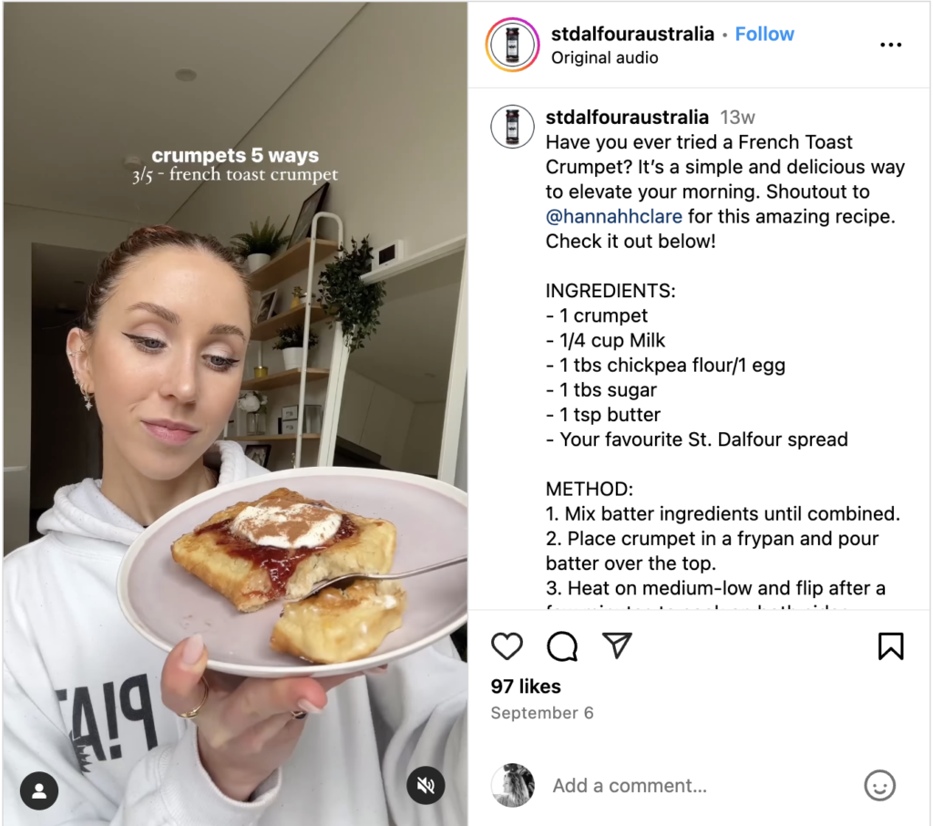Local influencer collab: French Toast Crumpet recipe Instagram reel | St. Dalfour Australia by VeraContent