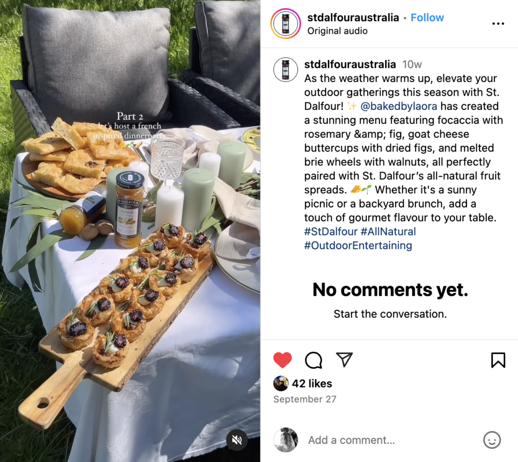 Local influencer collab: Outdoor lunch menu Instagram reel | St. Dalfour Australia by VeraContent
