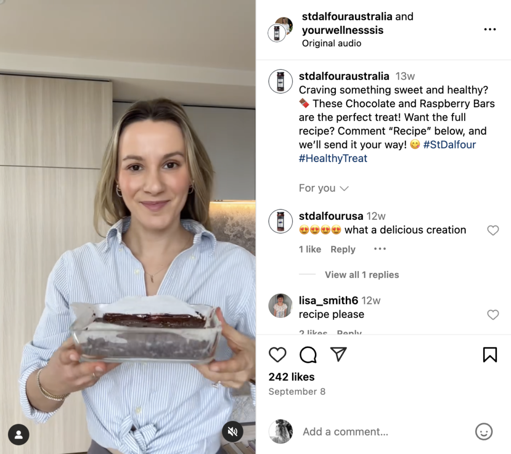Local influencer collab: Chocolate and raspberry bar recipe Instagram reel | St. Dalfour Australia work sample by VeraContent