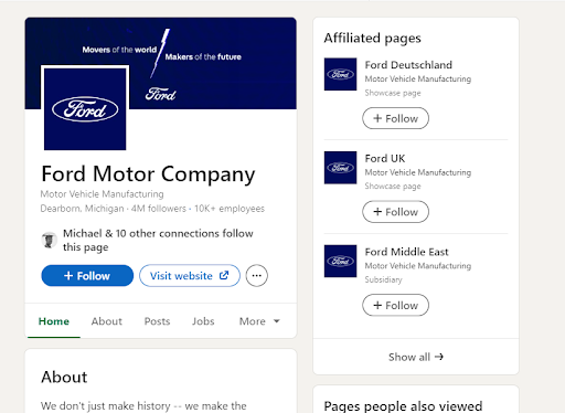 An example of showcase pages for international social selling on LinkedIn