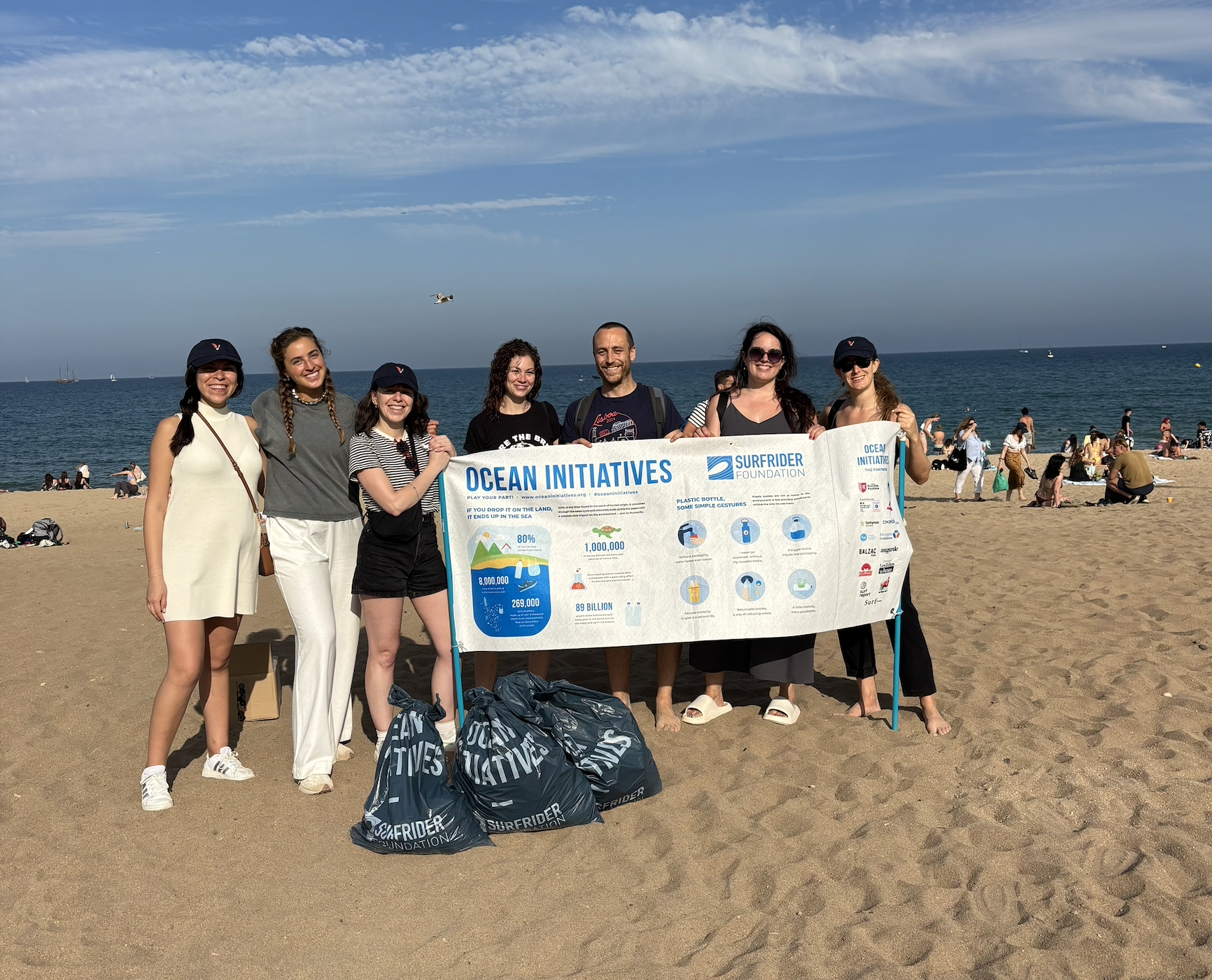 Photo of the VeraContent team cleaning up a beach in Barcelona as part of its community service initiative